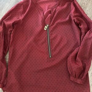 Michael Kors Burgundy Dot-Print Blouse with Gold Zip